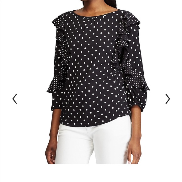 Chaps Tops - Chaps Navy & White Polka Dot Print Ruffle Sleeve Top Size Medium